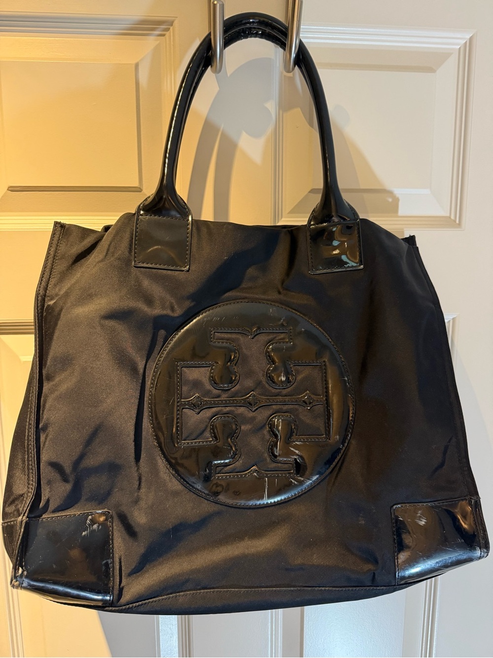 Tory Burch Black Nylon Logo Tote with Gloss Trim